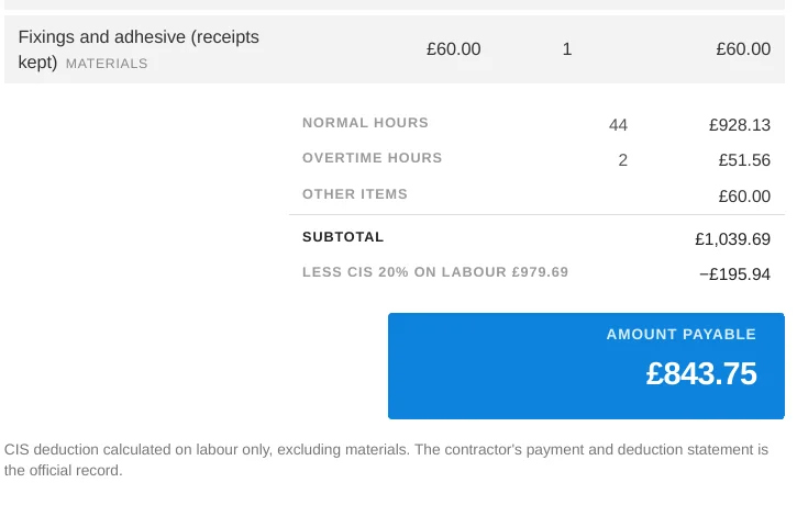 Bottom of a BillMyWeek invoice showing a materials line, normal hours £928.13, overtime £51.56, subtotal £1,039.69, less CIS 20% on labour £979.69 and amount payable £843.75
