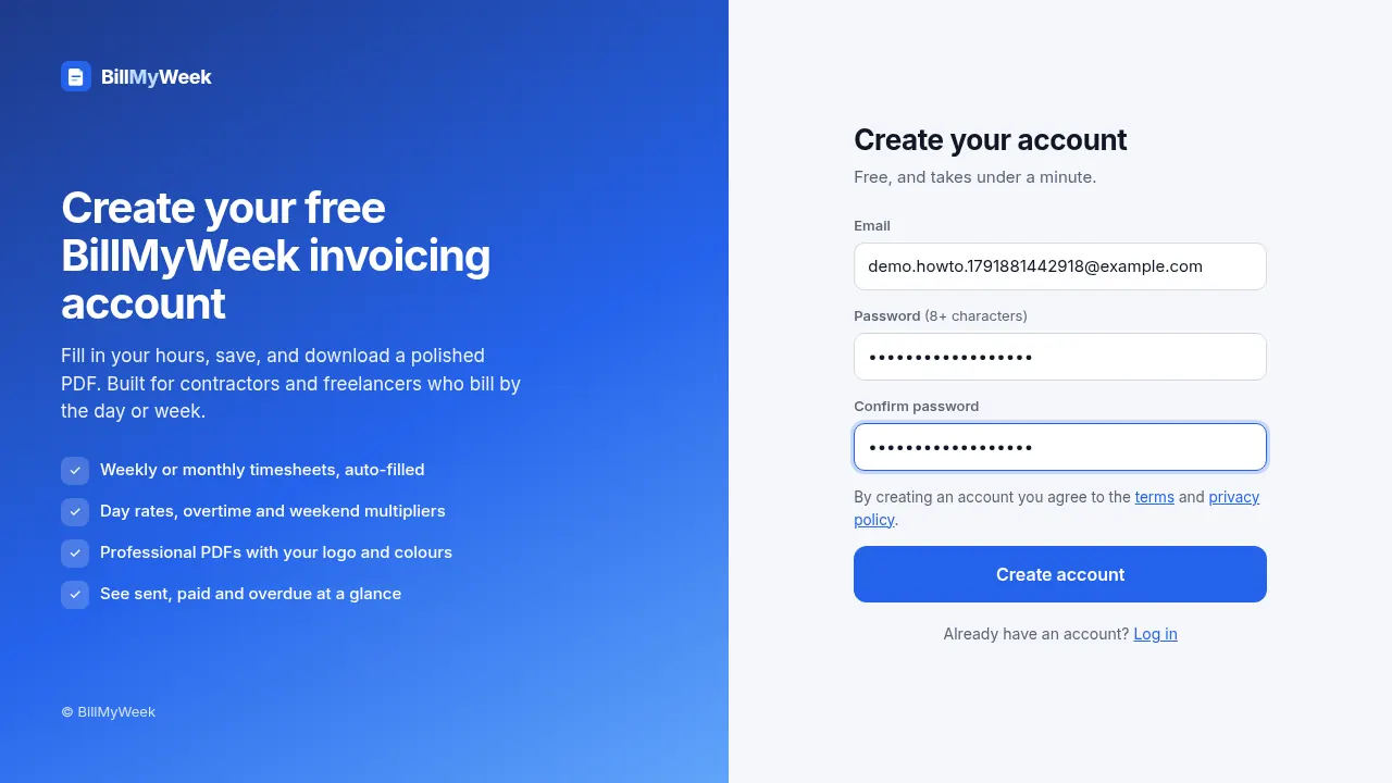 BillMyWeek sign-up page with email, password and confirm password fields