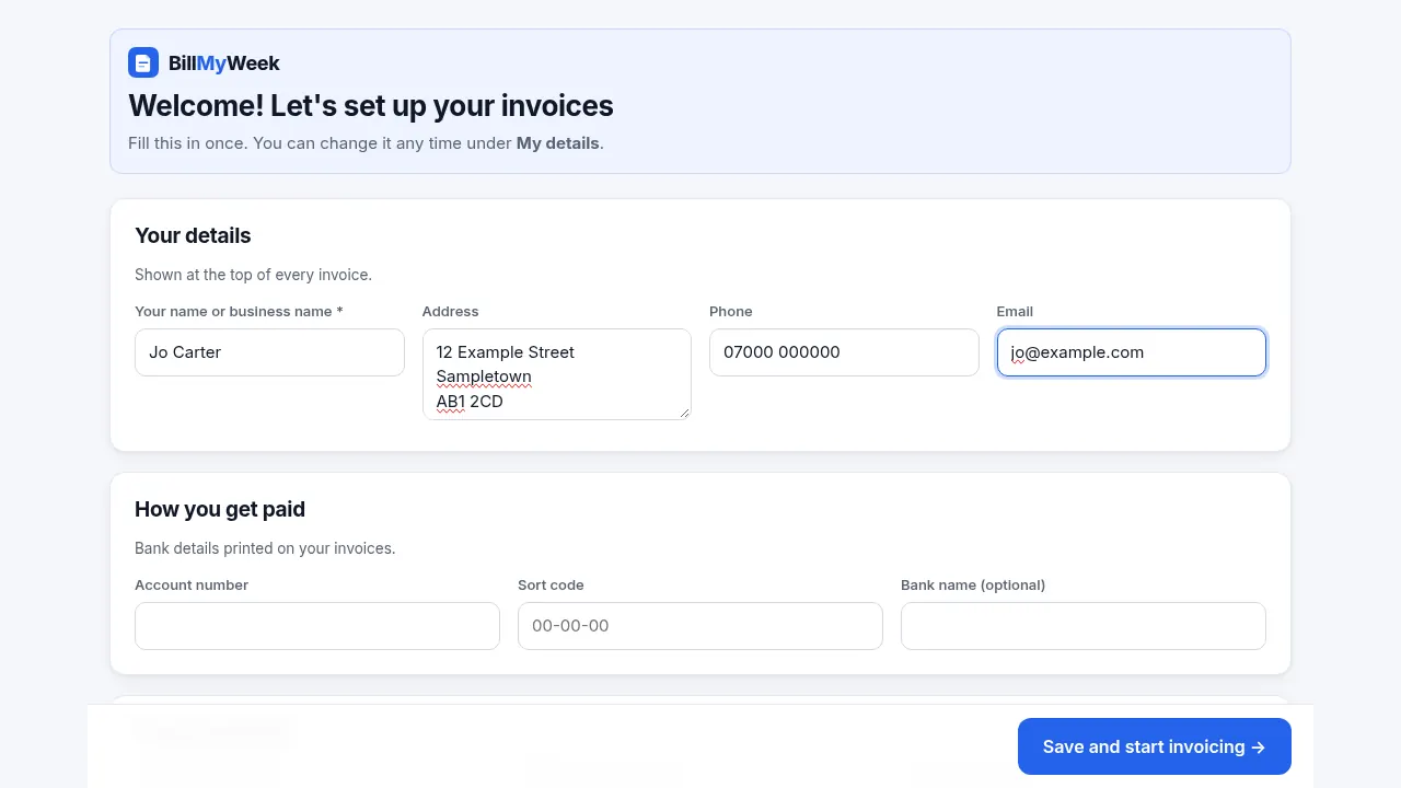 Setup wizard with name, address, phone and email fields filled in with fictional details