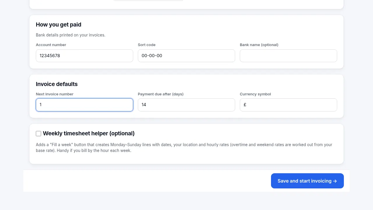 Setup wizard bank details and invoice defaults: next invoice number, payment terms and currency