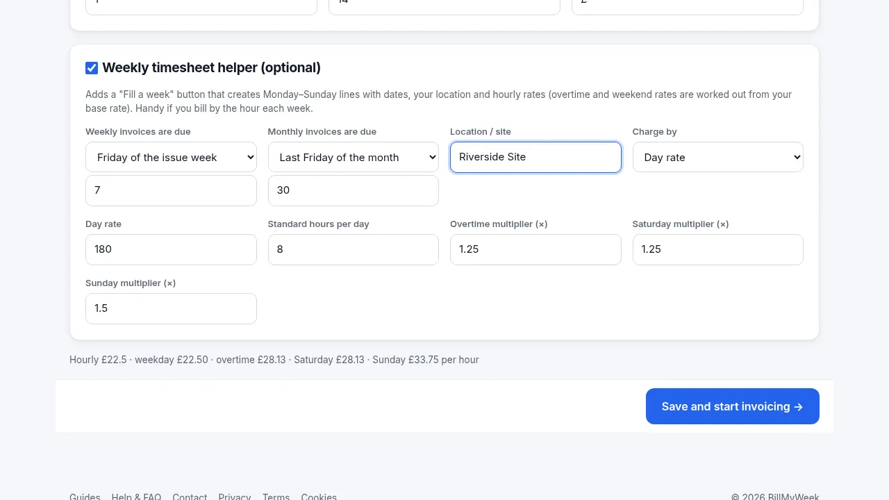 Rate settings: day rate £180, 8 standard hours, overtime, Saturday and Sunday multipliers and a live hourly rate preview