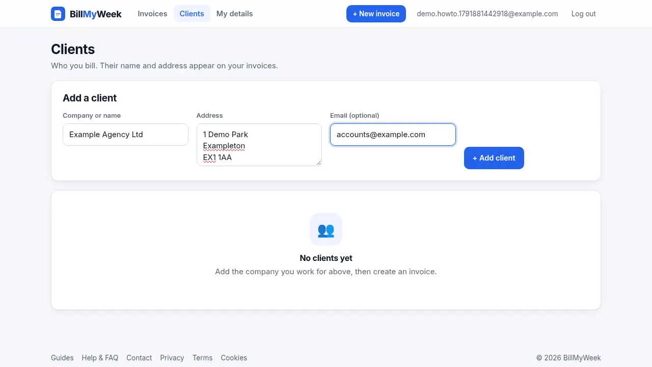Clients page with a new client form filled in