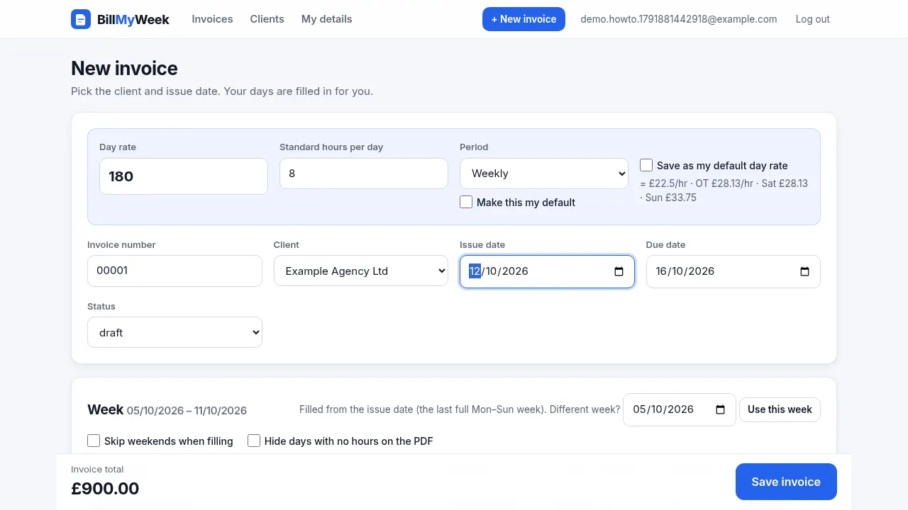 Invoice editor with client, issue date, due date and the weekly period filled in automatically