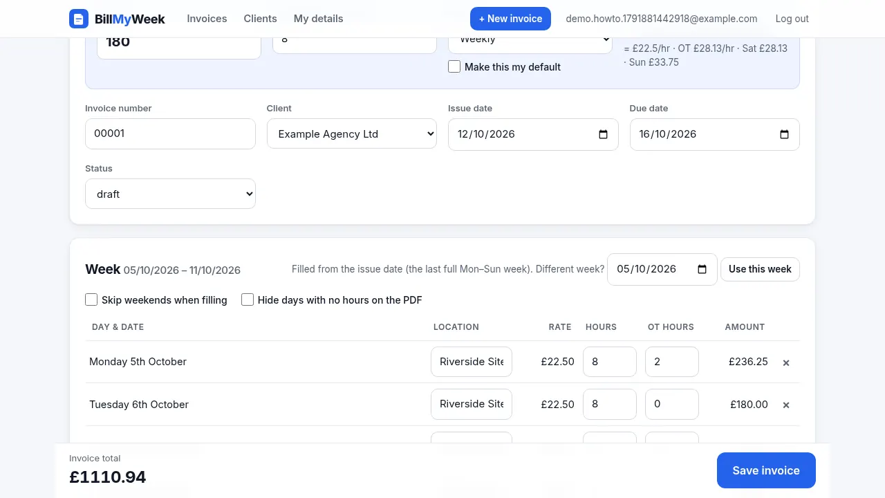 Editor showing the due date and the sticky invoice total bar