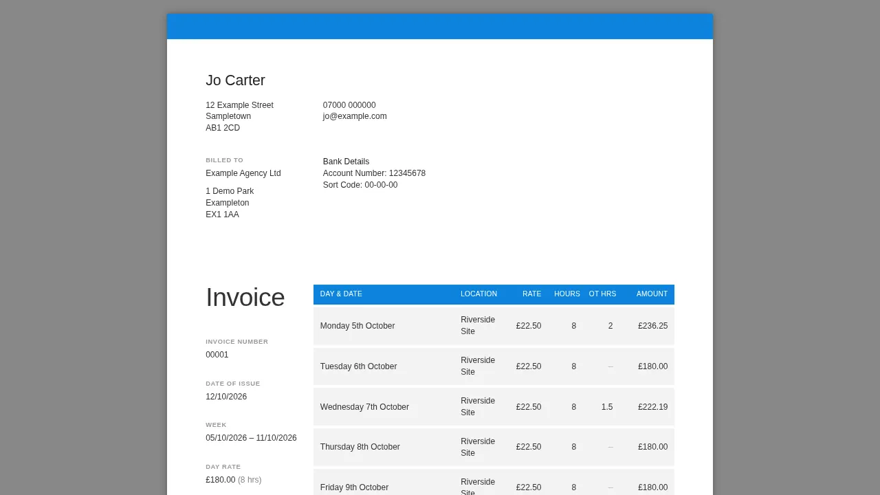 A4 invoice preview with business details, client, weekly day rows and totals