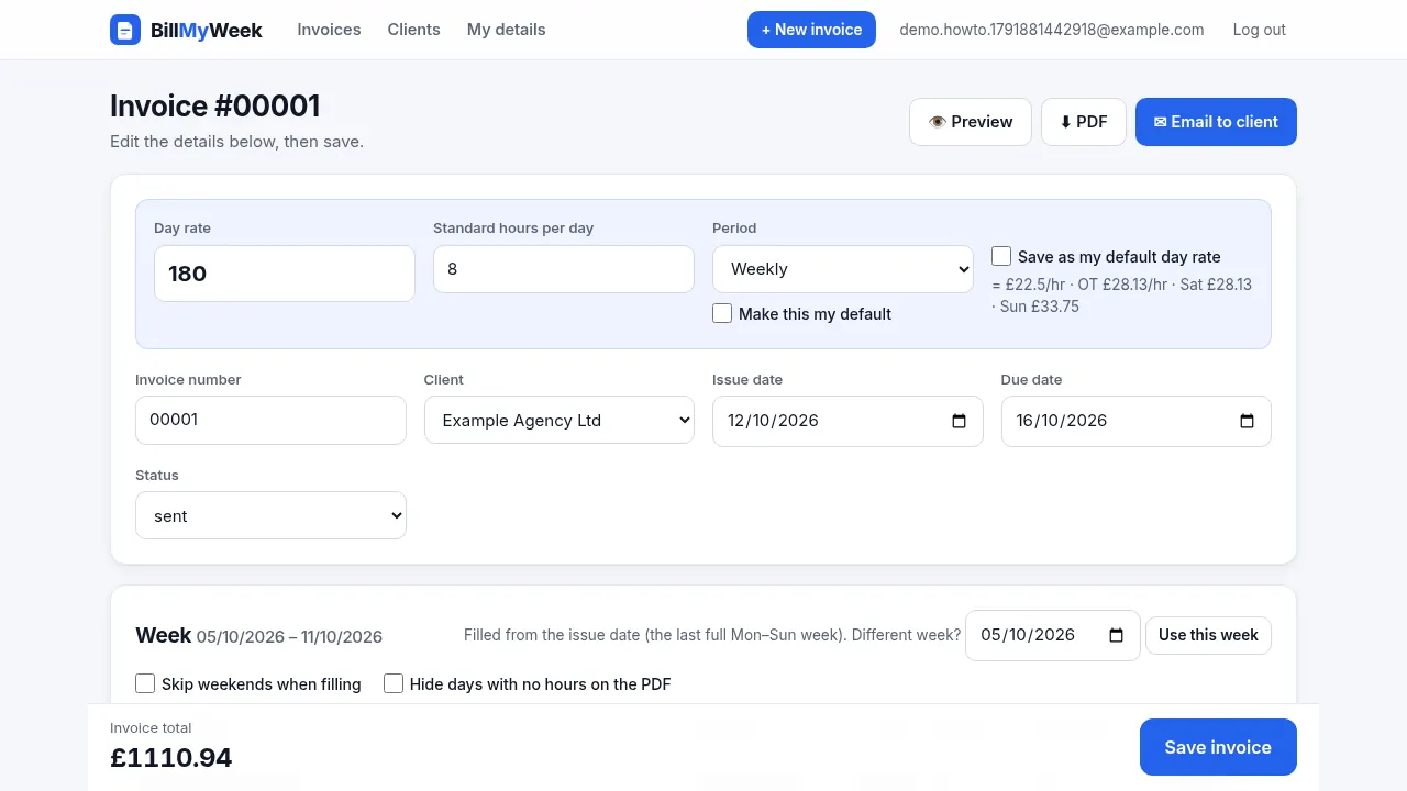 Invoice status drop-down set to sent