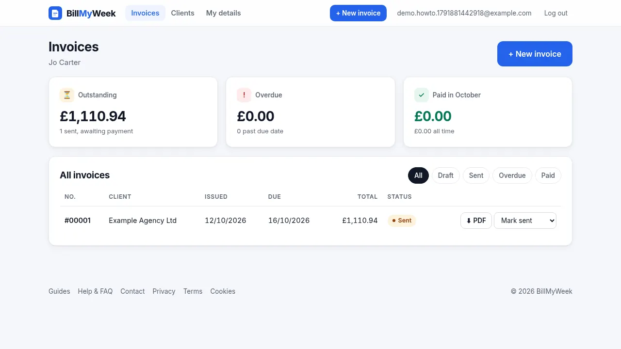 Dashboard with outstanding, overdue and paid this month cards and the invoice list with a status pill