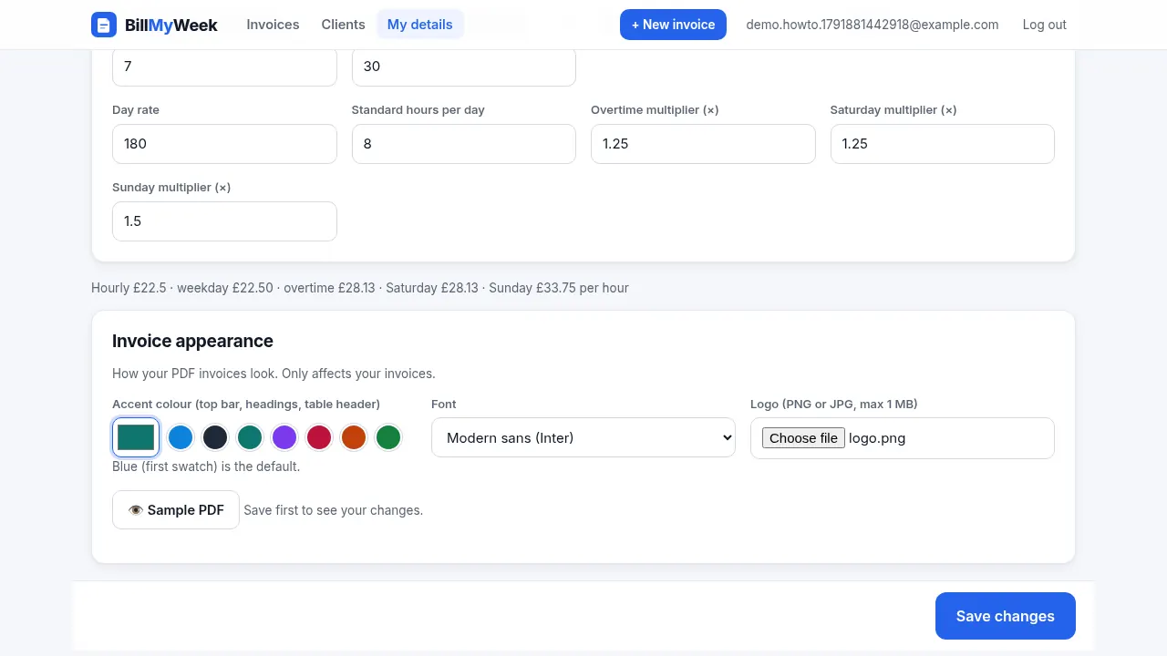 Invoice appearance settings with colour picker, swatches, font choice and logo upload