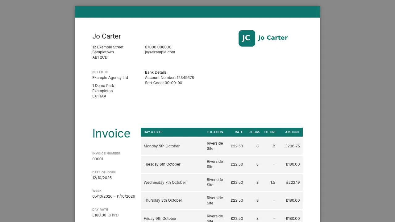 Invoice preview using a teal accent colour, a different font and a logo