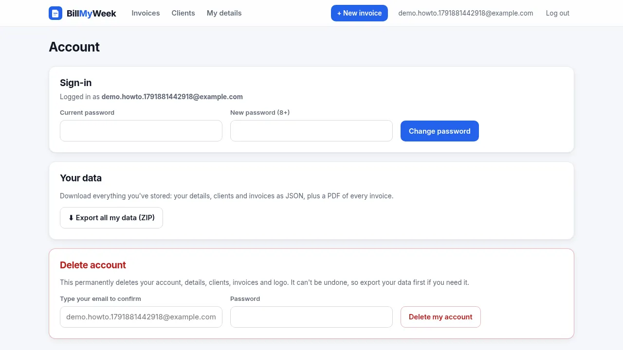 Account page with the Export all my data button