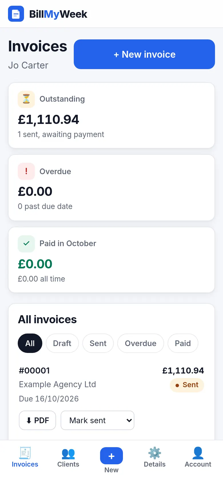 Dashboard on a phone with summary cards and bottom navigation