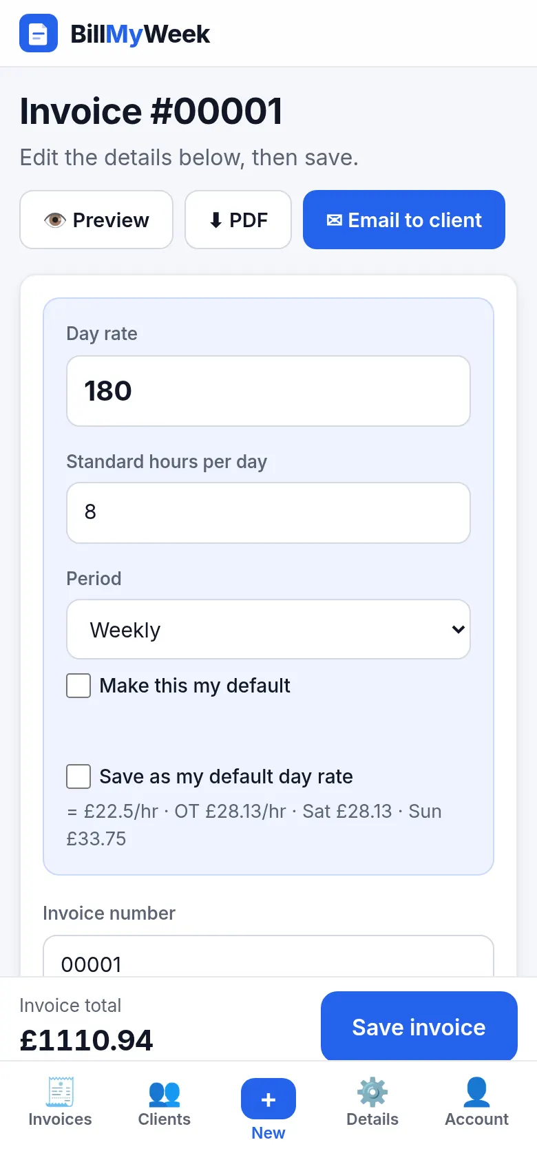 Invoice editor on a phone